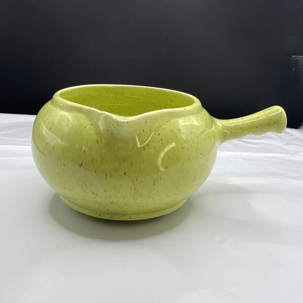 Vtg French Saxon ALOHA CELADON Chartreuse Creamer MCM Stick Handle Pipkin 1951